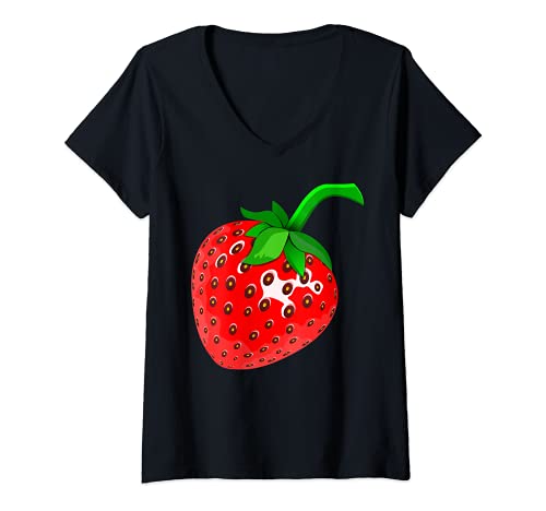 Damen Lustiges Erdbeere Kostüm Fasching Erdbeerkostüm T-Shirt mit V-Ausschnitt von Erdbeeren Geburtstag Geschenke Pflanzen Bekleidung