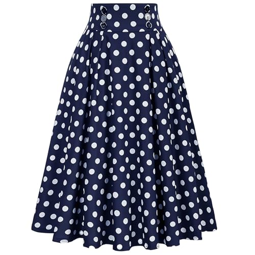 Flodxo Damen 1950er Jahre Faltenröcke Knielang A-Linie Skater Swing Rock Hohe Taille Vintage Polka Dots Ausgestellte Röcke Abend Cocktail Party Rockabilly Rock Elegant Midi Kleider, blau, XXL von Flodxo