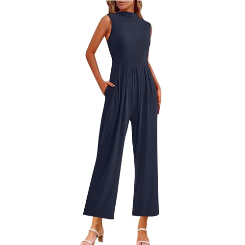 Flodxo Damen-Jumpsuits & Playsuits Eleganter Jumpsuit mit weitem Bein mit Taschen Lässiger Kordelzug Elastische Taille Dehnbarer Jumpsuit Rundhalsausschnitt Ärmellos Latzhose Strampler Playsuits, von Flodxo