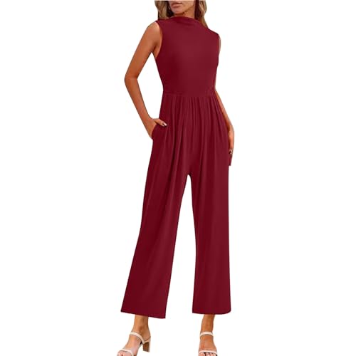 Flodxo Damen-Jumpsuits & Playsuits Eleganter Jumpsuit mit weitem Bein mit Taschen Lässiger Kordelzug Elastische Taille Dehnbarer Jumpsuit Rundhalsausschnitt Ärmellos Latzhose Strampler Playsuits, rot, von Flodxo