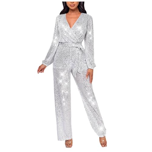 Flodxo Damen Jumpsuits & Playsuits V Ausschnitt Langarm Strampler Pailletten Glitzer Spielanzug Damen Funkeln Hochzeit Party Club Strampler Hohe Taille Bürohose Glitzer Bling Clubwear, silber, S von Flodxo