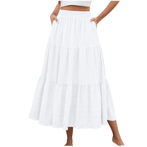 Flodxo Damen Röcke Elastische Taille Sommer Maxikleider für Frauen UK Elegant Casual Boho Lange Röcke mit Taschen Vintage Flowy Geraffte Rüschen Strand A-Linie Kleid für Urlaub Party, weiß, L von Flodxo
