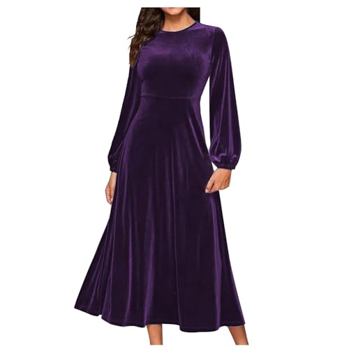 Flodxo Damen Samtkleider Elegant Langarm Maxi Swing Kleid Winter Party Wear 80S Fancy Lange Kleider Übergröße Hochzeit Gast Abendkleid Cocktail Classy Retro Formelle Kleider, violett, M von Flodxo