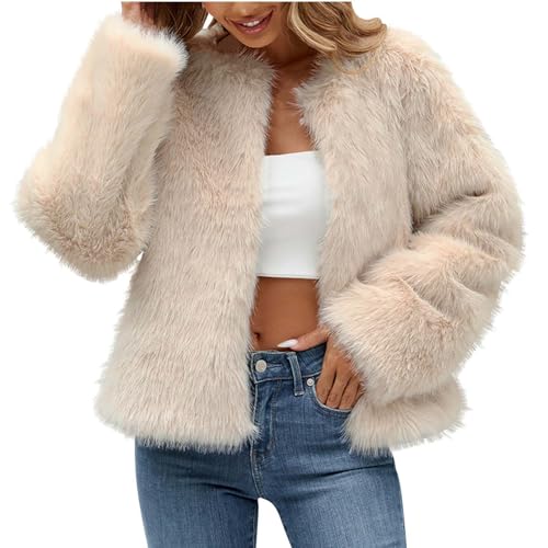 Flodxo Kunstpelz Mantel Damen Wintermäntel Warm Cropped Jacke Langarm Rundhalsausschnitt Open Front Outwear Plüsch Warm Cardigan Plus Size Super Weich Flauschig Overcoat Party Club Streetwear, beige, von Flodxo
