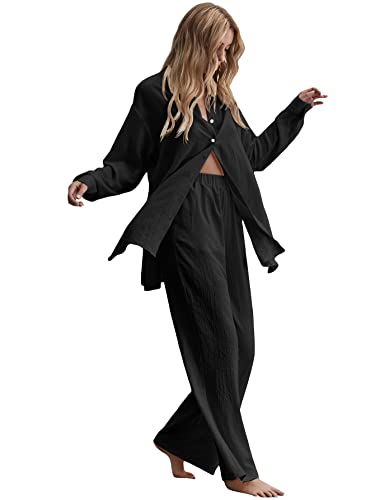 Floerns Damen 2-teiliges Outfits-Set mit geschlitztem Saum, lange Bluse und weite Beinhose, schwarz, Groß von Floerns
