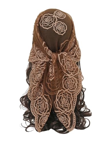 Floerns Damen Blume Stickerei Haarschal Stirnband Sheer Spitze Haar Bandana Dunkelrostbraun Einheitsgröße von Floerns