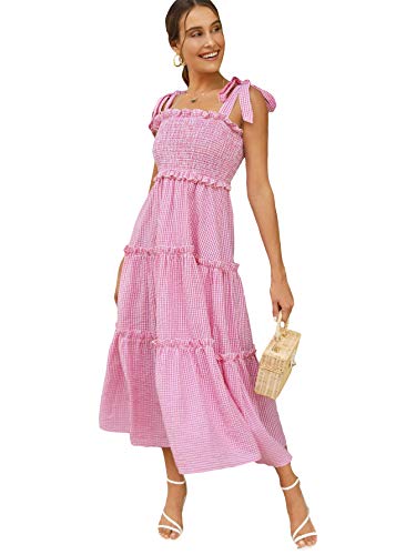 Floerns Damen Blumendruck Krawatte Träger Quadratischer Ausschnitt Rüschen Boho Maxikleid, rose, X-Klein von Floerns