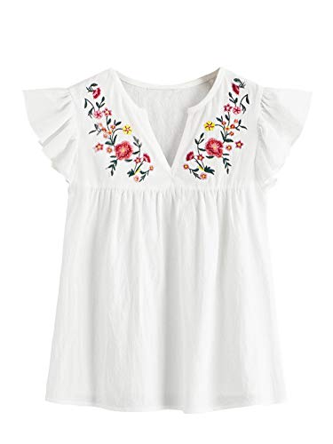 Floerns Damen Boho Bestickt Mexikanische Bauernhemden Babydoll Tops Blusen - Weiß - Mittel von Floerns