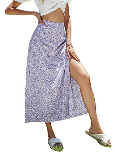 Floerns Damen Boho Floral Hohe Taille Split A Linie Midi Rock, fliederfarben / violett, X-Groß von Floerns