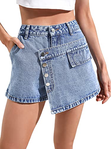 Floerns Damen Casual Wrap Button Front Asymmetrische Jeans Denim Skort Shorts, Blau (Azure Blue), XX-Large von Floerns