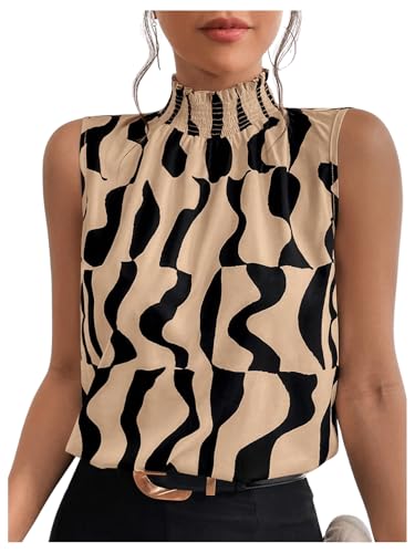 Floerns Damen Geo-Print Ärmellose Weste Rüschen Trim Mock Neck Elegant Bluse Tops, Khaki, Mittel von Floerns