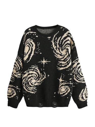 Floerns Damen Graphic Ripped Langarm Pullover Tops Rundhals Strickpullover, Schwarz, Klein von Floerns