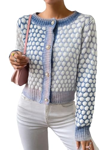 Floerns Damen Ombre melierte Strickwaren Langarm Knopfleiste vorne Cardigan, blau/weiß, Mittel von Floerns
