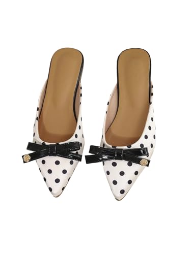 Floerns Damen Polka Dots Bowknot Pantoletten Hochzeit Spitze Zehen Elegante Flache Sandalen, schwarz und weiß, 38.5 EU von Floerns