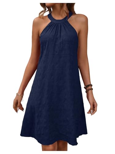 Floerns Damen Sommer Neckholder Kleid Ärmellos Strand Urlaub A-Linie Tunika Kleider, Dunkelblau, Groß von Floerns