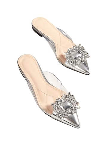 Floerns Damen Strass Transparent Geschlossene Spitze Zehenpartie Rückenfrei Pantoletten Flach, silber, 37.5 EU von Floerns
