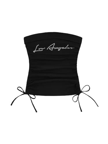 Floerns Damen ärmelloses Oberteil mit Grafikdruck, Kordelzug an der Seite, Y2K Crop Tube Top, Schwarz, Klein von Floerns