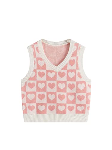 Floerns Girls Heart Print Sleeveless Sweater Vest V Neck Knitwear Tank Top Pink Multi 11-12Y von Floerns