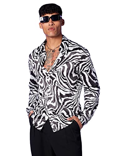 Floerns Herren Zebra Streifen Print Langarm Button Down Shirt Bluse Top, schwarz / weiß, Groß von Floerns