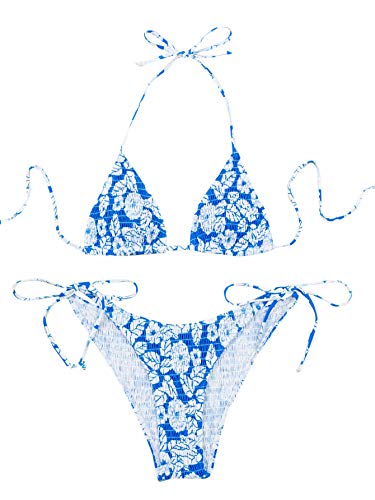 Floerns Women's Bathing Suit Floral Smocked Halter Triangle Bikini Swimsuit Blue and White S von Floerns