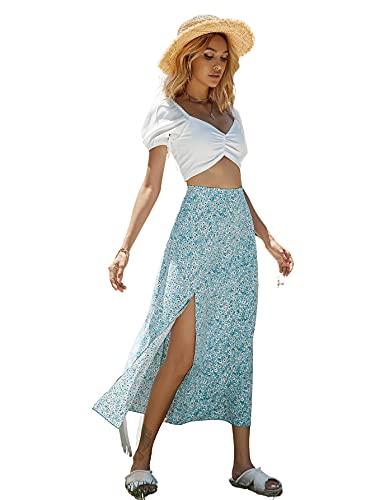 Floerns Women's Boho Floral High Waist Split A Line Midi Skirt Light Blue L von Floerns