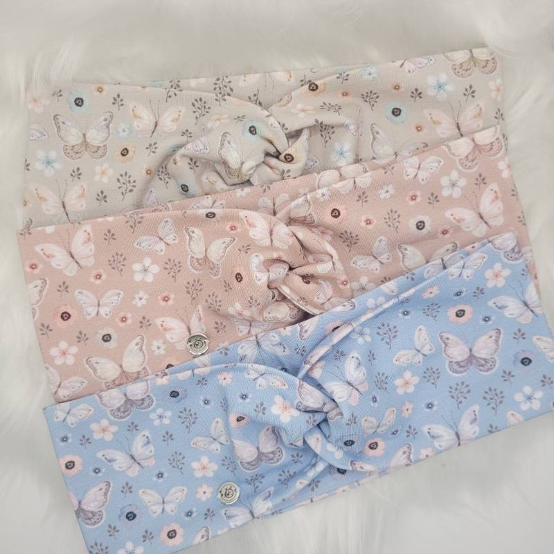 Kinder Knoten Twist Stirnband/Haarband Handmade Aus Baumwolljersey Mädchen Blumen Schmetterlinge Weiß Altrosa Hellblau Beige von FlokaroDE