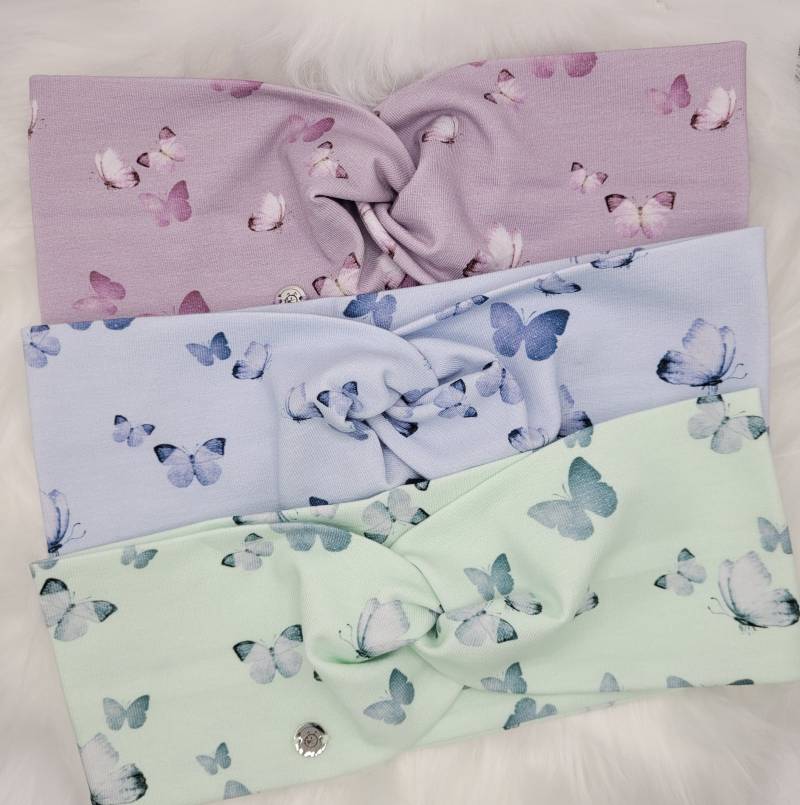 Kinder Knoten Twist Stirnband/Haarband Handmade Aus Baumwolljersey Mädchen Schmetterlinge Weiß Hellblau Flieder Mint von FlokaroDE
