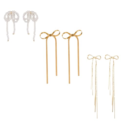 Damen Perle Schleife Ohrringe gold: Quaste lang Bogen Pearl Band Ribbon Tassel 3 Ohrringe Set golden vergoldet Ohrstecker Ohrhänger Frauen Geschenk für Geburtstag Weihnachten Freundin Mutter Tochter von Flongo