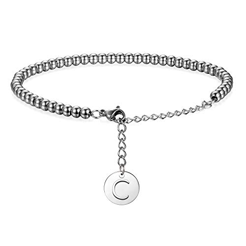 Flong Damen Frauen Armband Herren Männer Armreif Kugelkette in Silber Ton mit Name Alphabet C Buchstaben Anhänger von Flongo