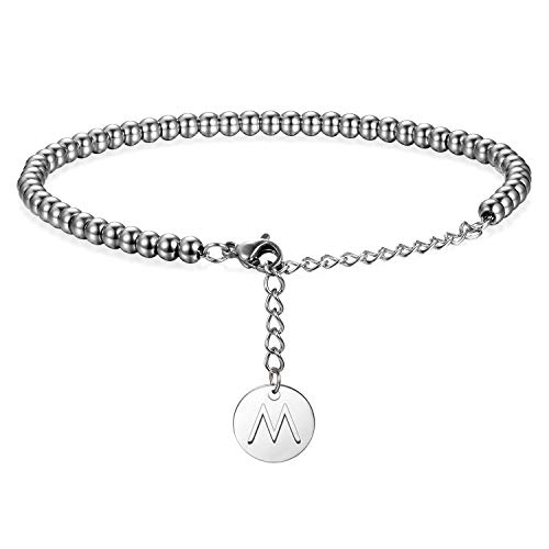 Flong Damen Frauen Armband Herren Männer Armreif Kugelkette in Silber Ton mit Name Alphabet M Buchstaben Anhänger von Flongo