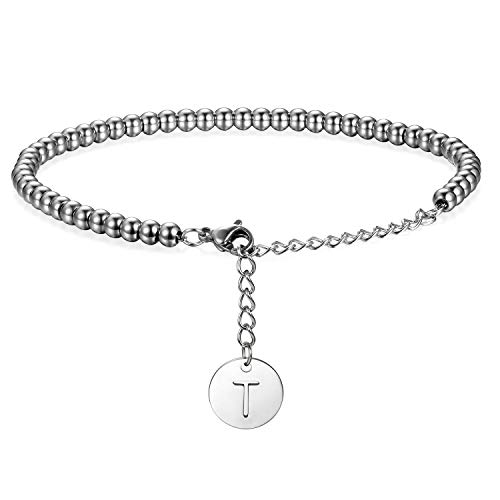 Flong Damen Frauen Armband Herren Männer Armreif Kugelkette in Silber Ton mit Name Alphabet T Buchstaben Anhänger von Flongo