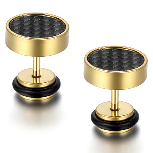 Flong Damen Ohrstecker fake tunnel Ohrringe 10mm Edelstahl Gestüt Stecker Kohlenstoff Carbon Fiber Kohlefaser Ohrringe Ohrstecker Ohrhänger Schwarz Gold Fake Plug Herren von Flongo