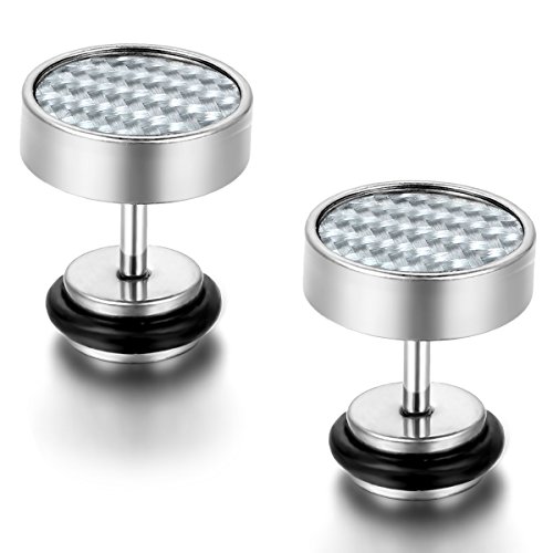 Flong Männer Ohrstecker Damen Ohrringe, 10mm Edelstahl Gestüt Stecker Kohlenstoff Carbon Fiber Kohlefaser Ohrringe Ohrstecker Ohrhänger Silber Weiß Fake Plug Tunnel Herren von Flongo