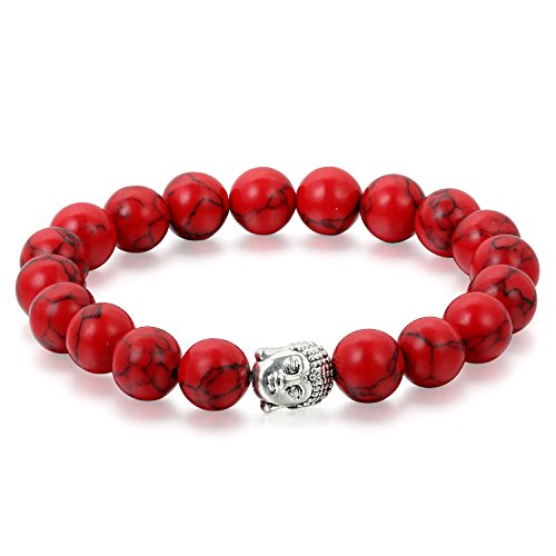 Flongo 10mm Energiearmband Engergie Bead Armband Armreif Link Handgelenk EnergieStein Rot Silber Buddha Gebet Mala Kugel Elastisch Herren,Damen von Flongo