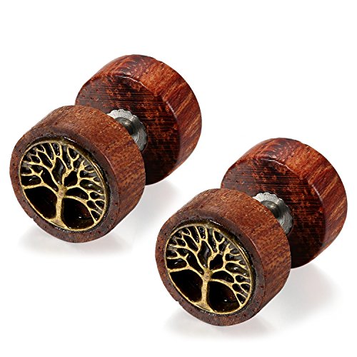 Flongo Herren Holz Ohrstecker Edelstahl 10mm Baum des Lebens Tree of Life Gestüt Stecker natürlich Illusion Buchenholz Stud Ohrringe Fake Plug Tunnel Piercing Ohrschmuck Braun Bronze männer Damen von Flongo