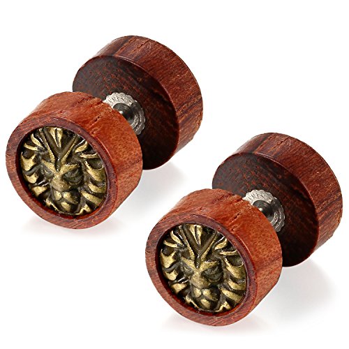 Flongo Holz Herren Ohrstecker 10mm mit vintage Löwenkopf Löwe Hantel Edelstahl Ohrringe Gestüt Stecker Fake Plug Tunnel Piercing Ohrschmuck motiv Holzschmuck für Männer Frauen Braun Bronze von Flongo