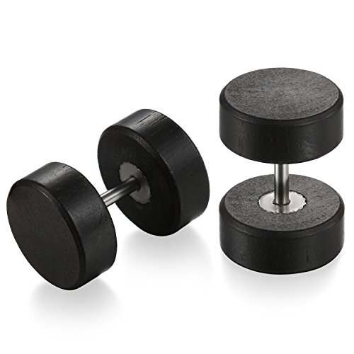 Flongo Holz Ohrstecker 10mm für Männer und Frauen - Knopf, Gestüt, Hanteln, Fake Plug Tunnel Piercing Ohrschmuck in Schwarz von Flongo