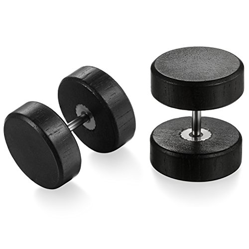 Flongo Holz Ohrstecker 12mm Knopf für Männer und Frauen - Gestüt Stecker Ohrringe Schlicht Fake Plug Tunnel Piercing Ohrschmuck Schwarz von Flongo