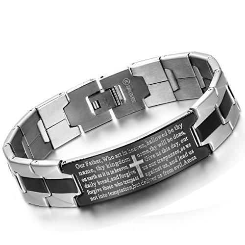 Flongo 16mm Breit Edelstahl Armband Armreif Link Handgelenk Silber Schwarz Kruzifix Kreuz Englisch Bibel Herr Gebet Retro Herren von Flongo