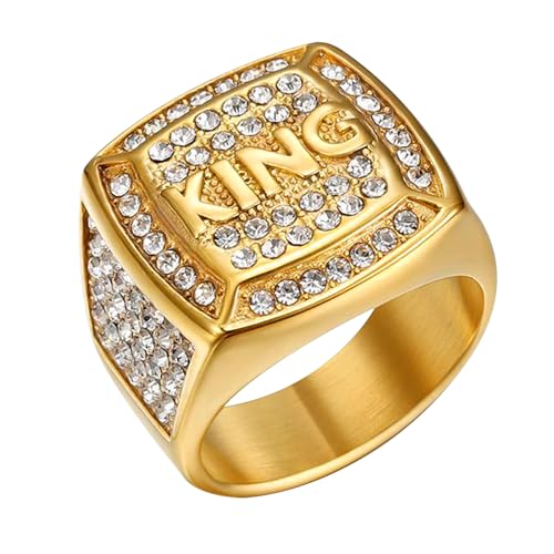 Flongo 18k Gold Ring Herren: Ringe Edelstahl breit vergoldet plattiert Herrenring King Gravur mit Zirkonia golden Strass stainless steel Hip-Hop Punk Club Biker Bandring für Männer Frauen Damen 57 von Flongo