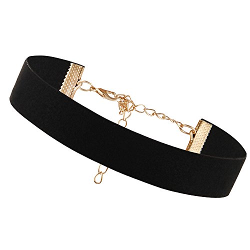 Flongo Velvet Samt Choker Damen Halsband schwarz mit Gold O Ringe Anhänger Punk Goth Gothic Halskette Kette Band Elastisch 18mm Breite Verstellbar Für Frauen Mädchen Herren Halloween Kostüm von Flongo