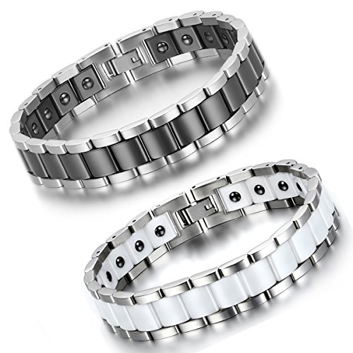 Flongo 2 PCS Armband Set Edelstahl Keramik Porzellan Paare Armreif Link Handgelenk Hematit Silber Weiss Schwarz Rechteckig Magnet Klassiker für Männer Frauen von Flongo