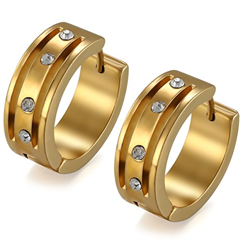 Flongo 2 PCS Breit Edelstahl Strass Gestüt Stecker Creolen Huggie Ohrringe Ohrstecker Ohrhänger Fake Plug Fakeplugs Ohrschmuck Polished Poliert Gold Golden Damen Herren von Flongo