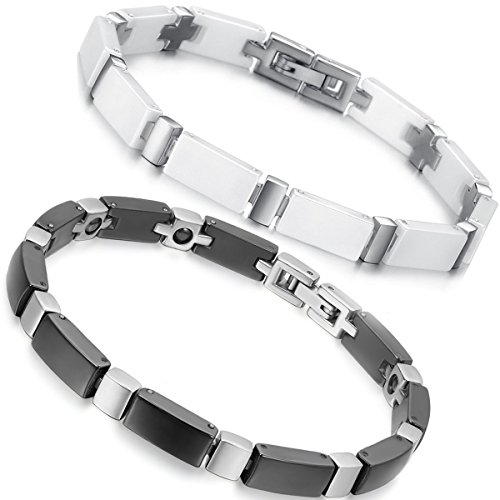 Flongo Keramik Armbänder Pärchen weiß schwarz Porzellan Paar Armband Edelstahl Armkette Freundschaftsarmbänder Partnerarmbänder Armreif 2 Stück für Damen Herren couple von Flongo