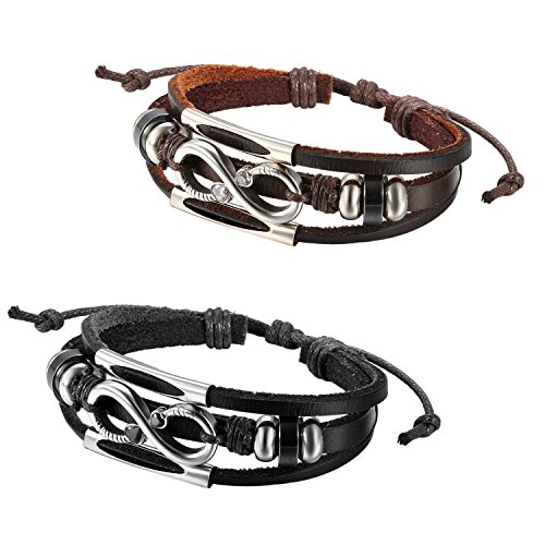 Flongo 2 PCS Edelstahl Leder Echtleder Armband Armreif Lederarmband Kordelkette CZ Zirkon Zirkonia Schwarz Braun Silber Infinity Unendlichkeit Lieben Zeichen Symbol Herren,Damen von Flongo