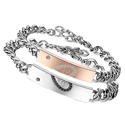 Flongo 2 Stück Partnerarmbänder Armband Edelstahl Armreif Armkette with Wish Love and Happiness Gravur Herz Link Handgelenk Zirkon Zirkonia Silber Rose Gold Schwarz Panzerkette Kette Herren,Damen von Flongo