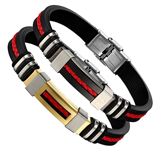Flongo 2 Pcs Edelstahl Gummi Kautschuk Leder Armband Armreif Lederarmband Manschette Geflochten Schwarz Gold Silber Rot Motorradfahrer Biker Punk Rock Herren von Flongo