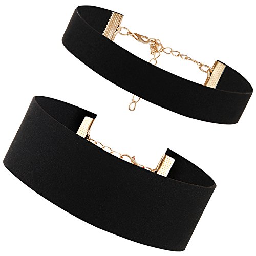 Flongo 2 Stück Velvet Samt Choker Damen Halsband schwarz mit Gold O Ringe Anhänger Punk Goth Gothic Halskette Kette Band Elastisch 18mm Breite Verstellbar Für Frauen Mädchen Herren Halloween Kostüm von Flongo