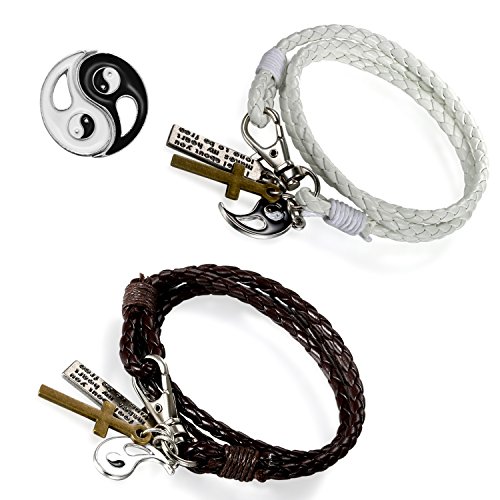 Flongo 2 Stück Echtleder Leder Armband Armreif Lederarmband Kordelkette Geflochten Braun Weiß Tai Chi Yin und Yang Lieben Valentine Surfer Wickeln Paar Paare Set Herren,Damen von Flongo