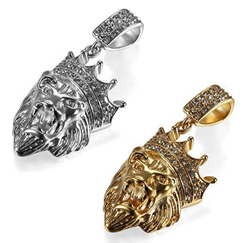 Flongo 2 Stück Edelstahl Anhänger Halskette Kette Strass Silber Gold Golden King's Landing Krone Löwenkopf Löwe Kopf Motorradfahrer Biker Herren Männer, mit 56cm Kette Herrenkette von Flongo